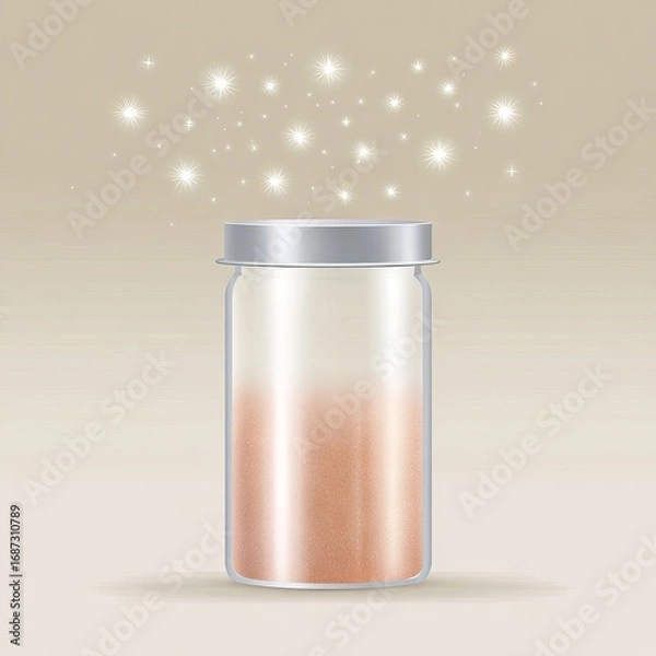 Fototapeta Transparent glass jar filled with shimmering powder, topped with a silver lid, surrounded by sparkling particles, creating a magical and enchanting atmosphere for creative projects