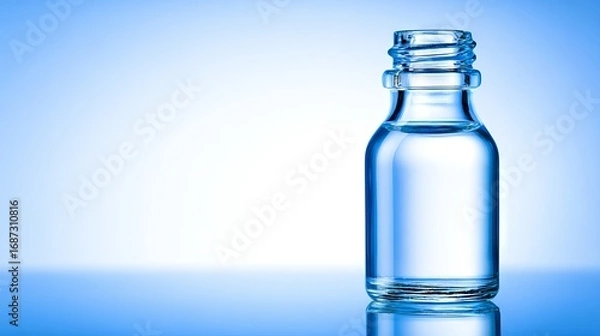 Fototapeta Clear glass bottle filled with water, reflecting light on a smooth surface, against a soft blue gradient background, showcasing purity and simplicity in design