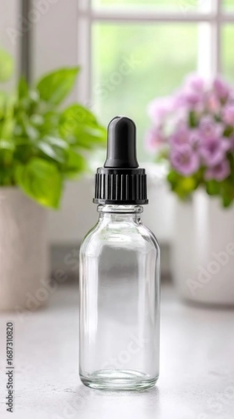 Fototapeta Clear glass dropper bottle with black lid stands on a countertop surrounded by green plants and purple flowers, showcasing a minimalist and elegant design for product presentation