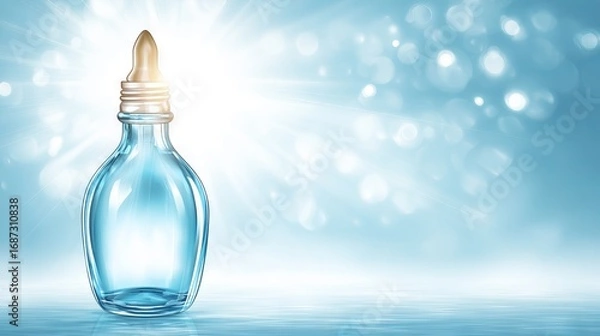 Fototapeta Transparent glass bottle with a golden cap, illuminated by soft light, set against a dreamy blue background, creating an ethereal and calming atmosphere for design purposes