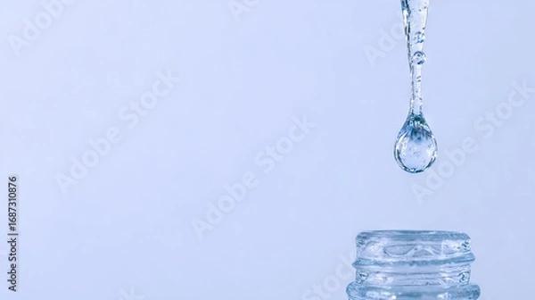 Fototapeta Clear water droplet suspended above a glass bottle, capturing the moment of falling drop, showcasing purity and freshness in a minimalistic setting with soft blue background