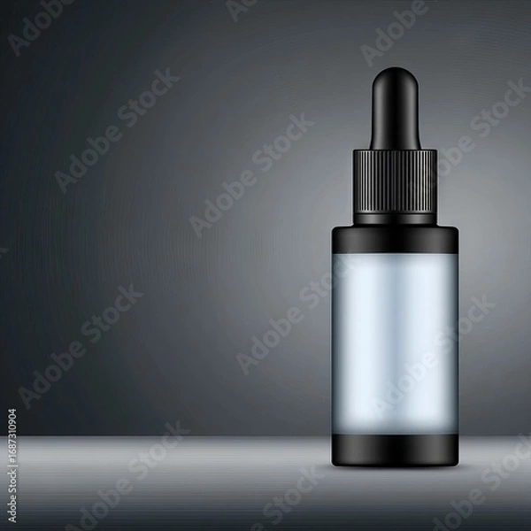 Fototapeta Black dropper bottle with clear label space, placed on a smooth surface, illuminated by soft light, showcasing product design and branding potential for cosmetic or pharmaceutical use