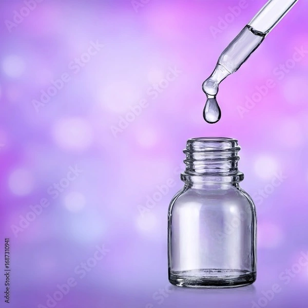Fototapeta Clear glass dropper bottle with liquid being dripped from pipette against a vibrant purple and pink blurred background, showcasing beauty and skincare concepts