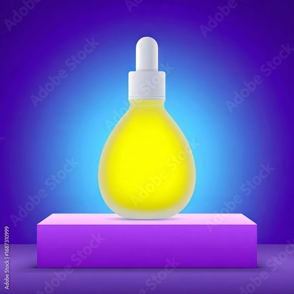 Fototapeta Bright yellow dropper bottle placed on a purple pedestal, illuminated by a soft blue background, showcasing modern design and vibrant colors for cosmetic or skincare products