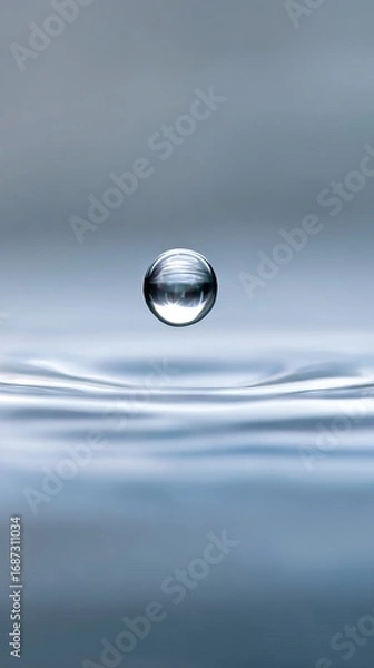 Fototapeta Water droplet suspended above a smooth surface, creating ripples in the water below, showcasing the beauty of nature and the delicate balance of liquid dynamics