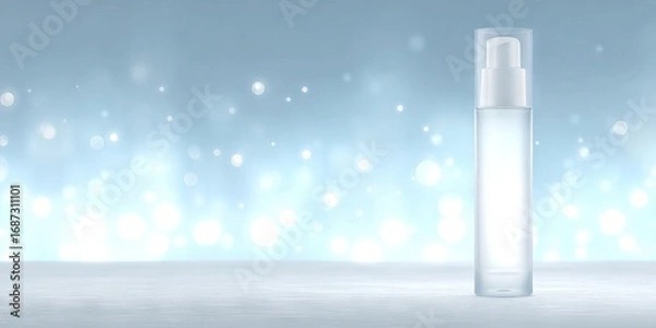 Fototapeta Clear glass cosmetic bottle with pump on a reflective surface, surrounded by soft bokeh lights, creating an elegant and serene atmosphere for beauty product display