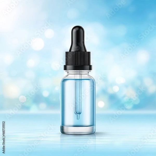 Fototapeta Transparent dropper bottle filled with blue liquid stands on reflective surface, surrounded by soft bokeh lights, creating a serene and calming atmosphere for beauty and wellness concepts