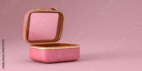 Fototapeta Elegant pink cosmetic case with a golden trim, open to reveal a smooth interior, set against a soft pink background, showcasing beauty and luxury in design