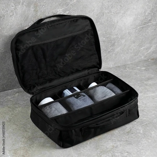 Fototapeta Black travel toiletry bag with mesh compartments, neatly organized personal care items, ideal for travel enthusiasts seeking convenience and functionality in grooming essentials