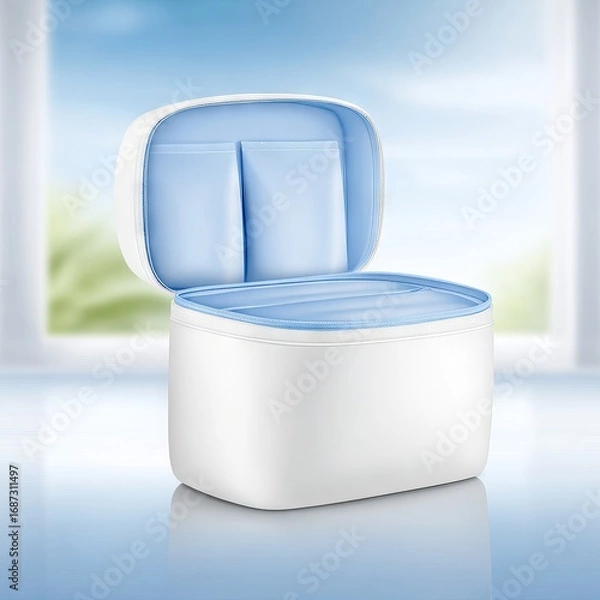 Fototapeta Stylish white storage box with blue interior, elegantly placed on a reflective surface, showcasing modern design and functionality in a bright, airy environment