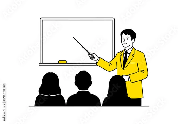 Fototapeta Vector illustration of a male teacher or business professional in a suit presenting with a pointer in front of a blank whiteboard, suitable for education, training, business, or seminar concepts