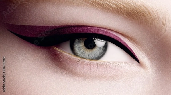Fototapeta Close-up of a female eye showcasing bold makeup with striking eyeliner, vibrant colors, and intricate details, emphasizing beauty and artistry in cosmetic application