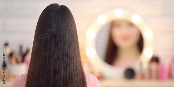 Fototapeta Young woman with long, straight hair is seated in front of a vanity mirror illuminated by lights, surrounded by various beauty products, showcasing a personal grooming routine
