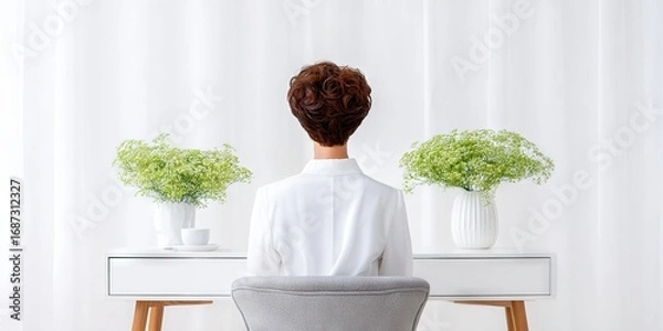 Fototapeta Woman with short curly hair, dressed in white blouse, seated at a minimalist desk with green plants, creating a serene workspace atmosphere for productivity and focus