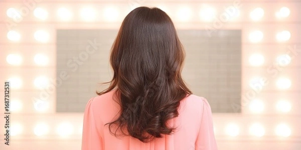 Fototapeta Woman with long, wavy hair is standing in front of a bright vanity mirror, illuminated by soft lights, creating a glamorous and inviting atmosphere for beauty routines
