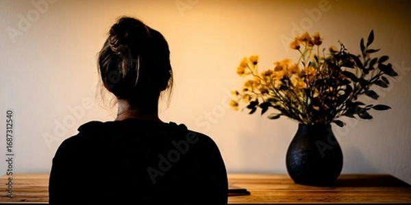 Fototapeta Woman with dark hair, seated at a wooden table, gazing at a vase of yellow flowers, creating a serene atmosphere with soft lighting and natural elements