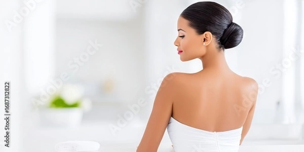Fototapeta Elegant woman with sleek hair, wearing a white spa robe, is sitting gracefully in a serene spa environment, showcasing relaxation and tranquility in a luxurious setting