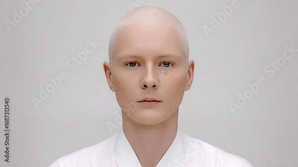 Fototapeta Bald individual with neutral expression, dressed in a white garment, presents a serene and minimalist aesthetic, embodying tranquility and introspection in a soft-lit environment