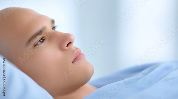 Fototapeta Young bald man lying on a bed with soft blue sheets, gazing thoughtfully towards the ceiling in a serene and calming environment, reflecting on personal thoughts and emotions