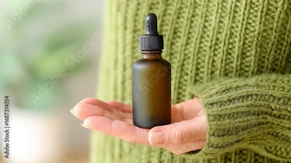 Fototapeta Female hand holding a dark amber glass dropper bottle, showcasing natural skincare product, with soft blurred background creating a calming atmosphere for wellness and beauty