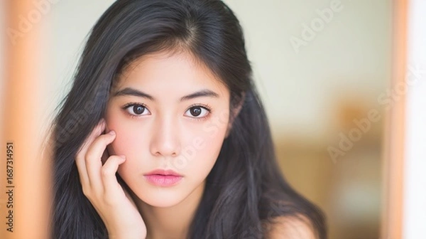 Fototapeta Asian woman with long black hair gazes thoughtfully at the camera, showcasing natural beauty and soft features in a serene indoor setting with warm lighting