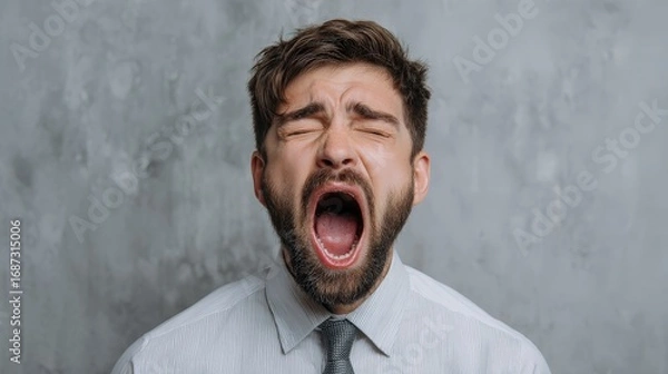 Fototapeta Exhausted Man Yawning Loudly: Tired, Stressed, Overworked