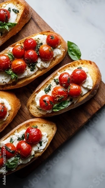 Obraz Freshly prepared bruschetta topped with creamy cheese, vibrant cherry tomatoes, and basil leaves on a wooden board.