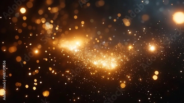 Fototapeta Glowing golden particles and bokeh lights floating in a dark abstract background with blurred effect