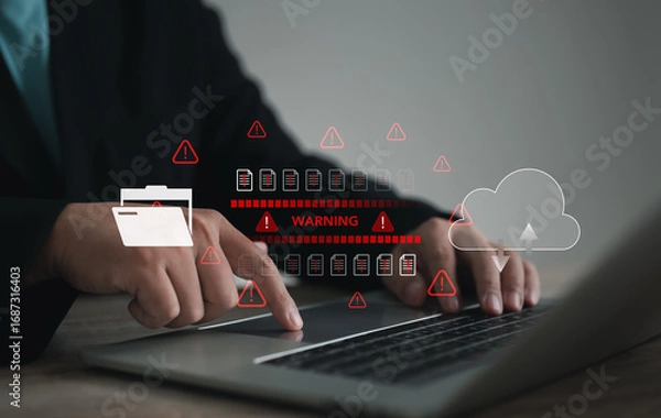 Fototapeta Cybersecurity concept showing businessman using laptop with warning alert icons, cloud data storage risks, and digital threats. Technology background for data protection, hacking, and IT security.