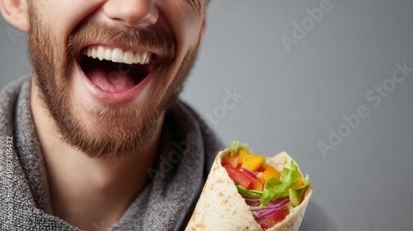 Fototapeta Man Laughing Hysterically While Holding a Fresh Veggie Wrap