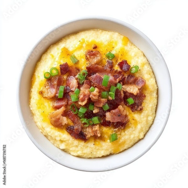 Fototapeta Southern Grits Bowl with Bacon and Green Onions on White