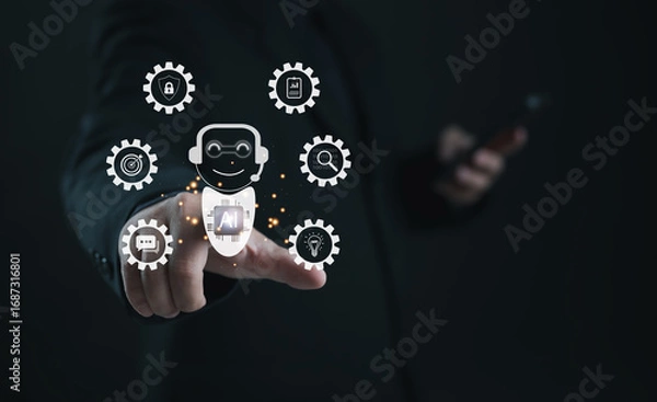 Fototapeta Business professional interacting with AI chatbot interface surrounded by technology icons. Concept of artificial intelligence, automation, customer support, and digital business solutions.