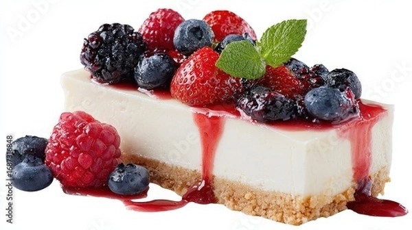 Fototapeta Slice of Creamy Cheesecake Topped with Fresh Berries