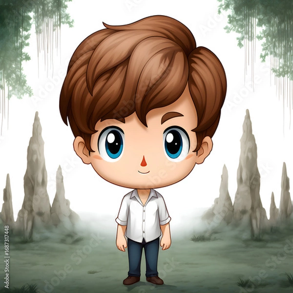 Fototapeta Cute anime-style boy character standing in soft fantasy forest environment with gentle lighting