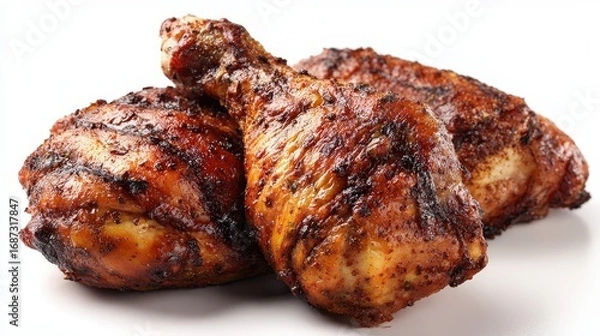 Fototapeta Three Grilled Chicken Drumsticks on White Background, Close-up