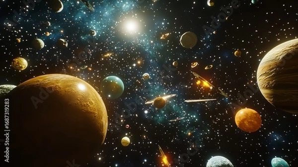 Fototapeta A view of a vibrant galaxy with planets stars and celestial objects in the vastness of outer space