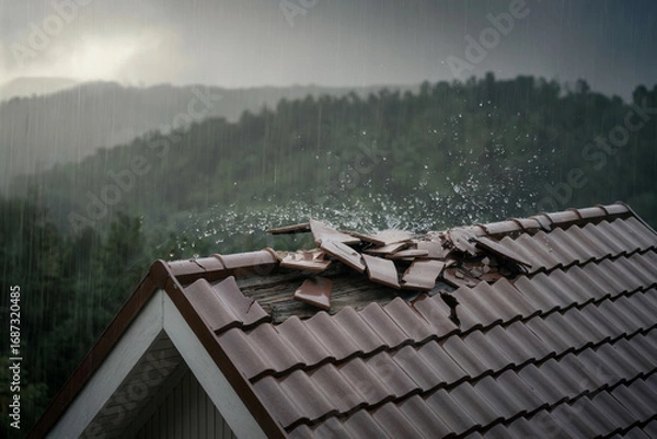 Fototapeta Damaged Roof Tile with Rain Falling and Mountain Backdrop in a Gloomy Weather