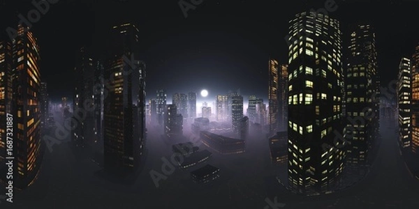 Obraz Night city, Cityscape, HDRI, environment map , Round panorama, spherical panorama, equidistant projection, panorama 360, 3D rendering