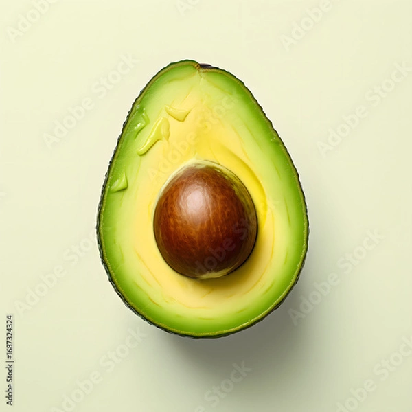 Fototapeta Ripe avocado cut in half on light green background with fresh botanical studio aesthetic