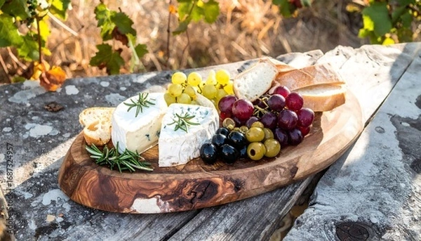 Fototapeta Cheese and grapes platter outdoors