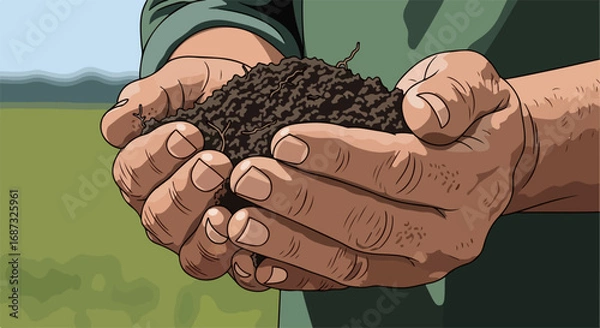 Fototapeta Rich soil in hands of farmer. Dark brown soil held carefully, symbolizing agriculture and growth.  Farming concept image showcasing fertile land ideal for planting seeds,