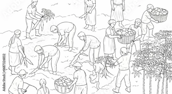 Fototapeta Line art illustration showing harvest scene on farm with people harvesting crops. Harvest scene portrays rural workers gathering produce, filling baskets and working together in fields.