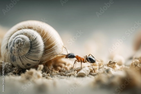 Fototapeta ant exploring snail shell ground