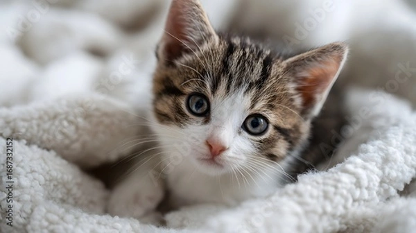 Fototapeta Adorable tabby kitten with curious blue eyes peeking from a cozy white blanket