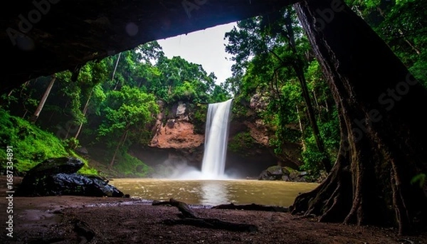 Fototapeta Waterfall View from Cave Opening