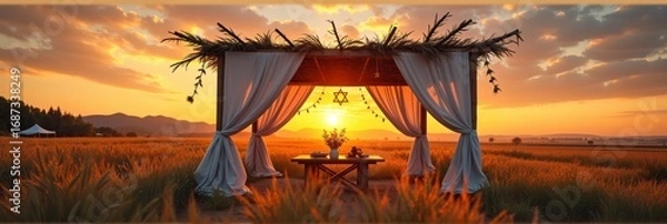 Fototapeta Beautiful sukkot sunset scenery with canopy in wheat field