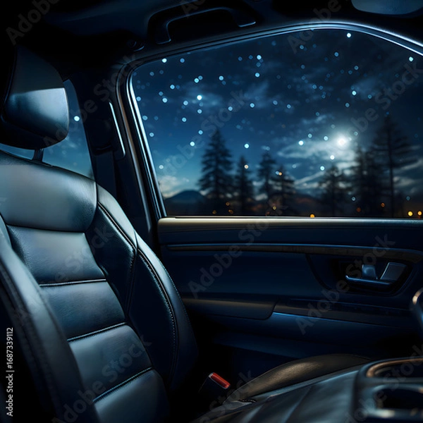 Fototapeta Night sky full of stars seen from inside a parked car with soft interior lighting and serene forest view