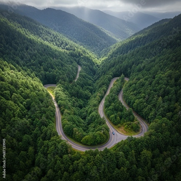 Fototapeta Drone aerial view of a winding road cutting through green forested mountains, cinematic landscape