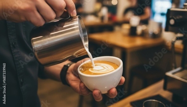 Fototapeta Close-up of barista’s hands pouring steamed milk into espresso cup to make latte art, blurred coffee shop background