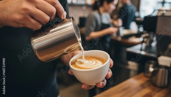 Fototapeta Close-up of barista’s hands pouring steamed milk into espresso cup to make latte art, blurred coffee shop background
